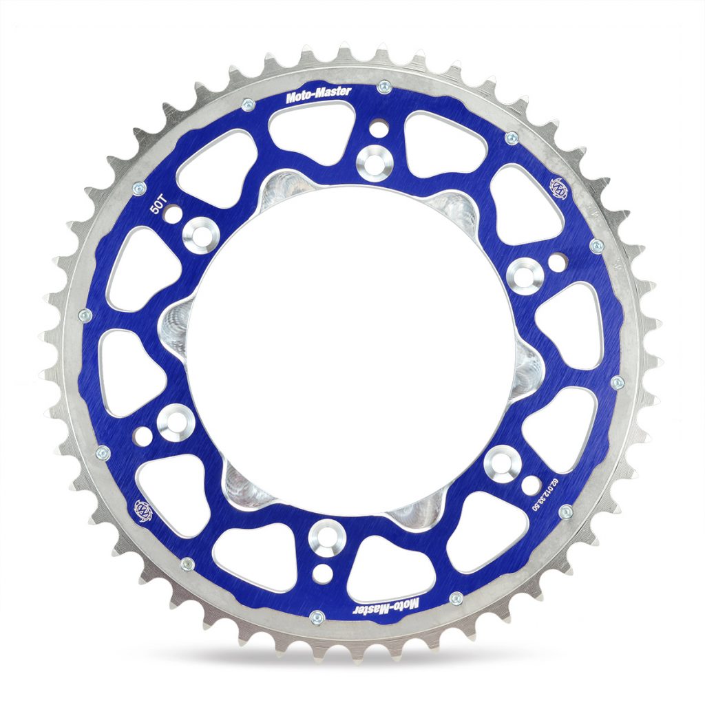 "Catalina bimetalica Moto-Master Fusion 49T azul instalada en Yamaha YZ250F"

"Corona sprocket dual ring acero aluminio 7075 Motocross Moto Master YZ450F"

"Upgrade transmision enduro catalina bi-metalica ligera duradera Yamaha WR450F"